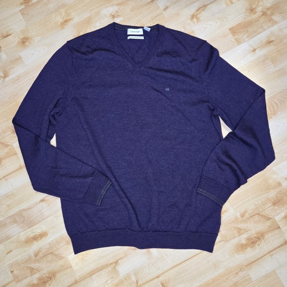 Calvin Klein Mens Extra Fine Merino‎ Wool Sweater Purple V Neck XL